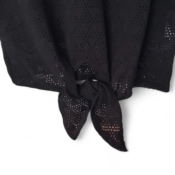 Madewell Texture & Thread Top Women's Black Modern Tie-Front Geo-Eyelet Knit M - Picture 5 of 7